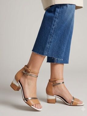 Maiyet leather ankle strap sandals featuring a tan and white colorblock design